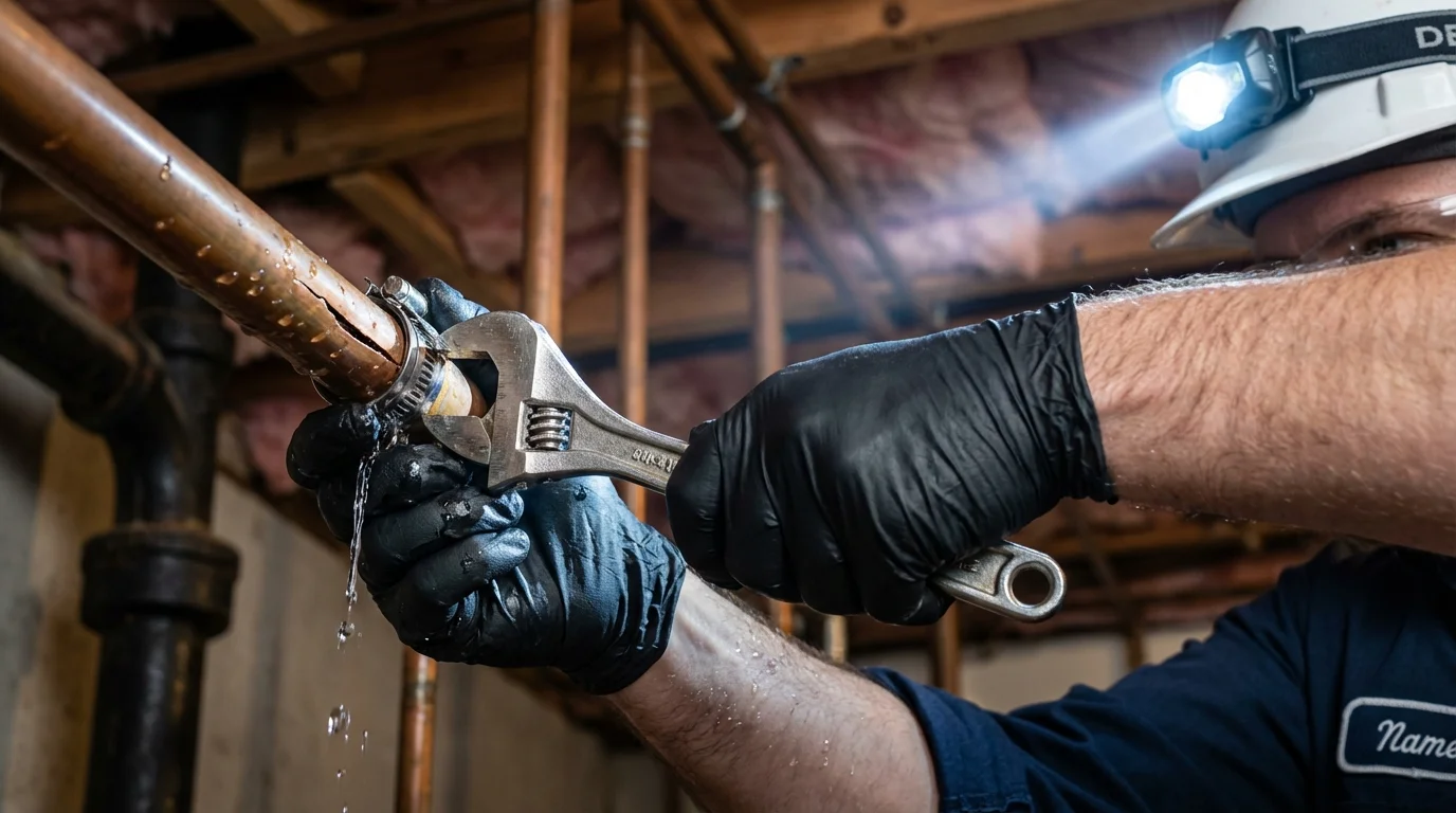 Emergency pipe clamp repair being performed by a Johns Plumbing LLC plumber in Big Rapids